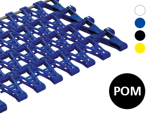 Modulband J450, einseitig kurvengängig, gitterförmige Oberfläche, 70 % flow, p= 50  POM, FDA