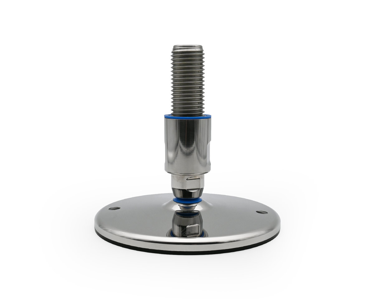 Maschinenfuß / Gelenkfuß TEKNO-HYGIENIC 3-A, Ø 200 mm Edelstahl, M24 x 140 mm, Bohrungen, NBR